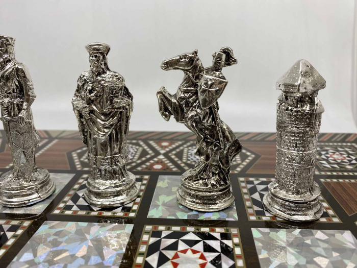 Joc de SAH si TABLE model sidef, piese sah din metal AURII/ARGINTII sculptate manual, calitate premium [6]