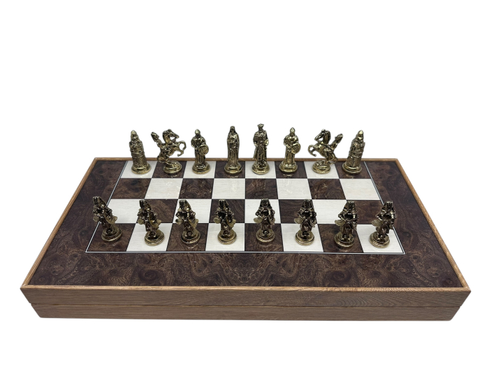 Joc de Șah și Table – Set Deluxe cu Piese din Metal Auriu/Argintiu Sculptate Manual [12]