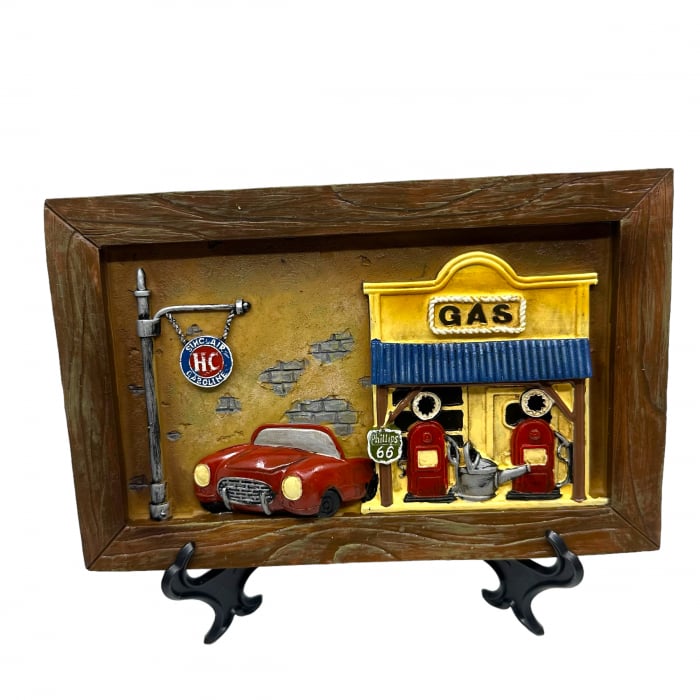Tablou Gas Station, Red Car, Vintage Style, 23 x 15 cm [1]