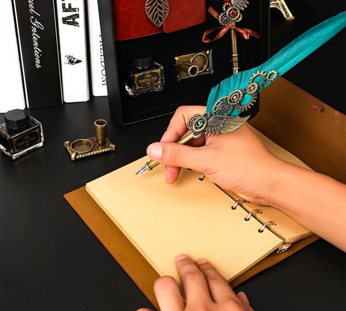 Set Cadou Caligrafie Vintage cu Pana si Accesorii - Bleu [3]