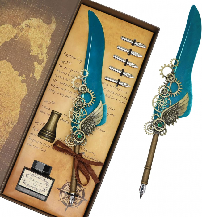 Set Cadou Caligrafie Vintage cu Pana si Accesorii - Bleu [7]