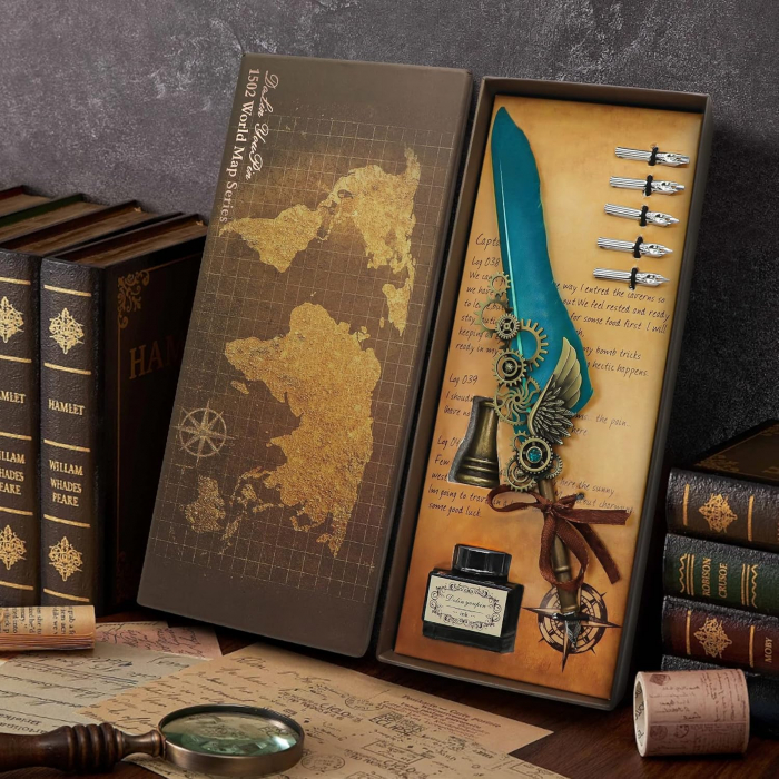 Set Cadou Caligrafie Vintage cu Pana si Accesorii - Bleu [1]