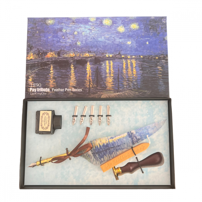 Set Caligrafie cu imprimeu Van Gogh pe cutie si pana + esarfa matase picturi [10]