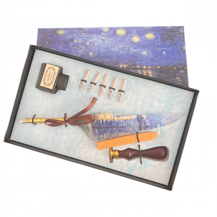 Set Caligrafie cu imprimeu Van Gogh pe cutie si pana + esarfa matase picturi [9]