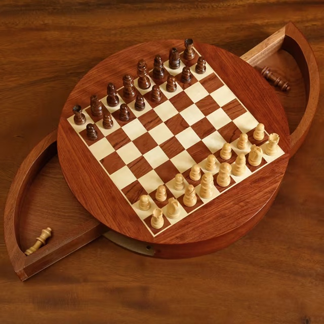 Set Șah Rotund din Lemn Masiv – Design Elegant cu Sertare Laterale [1]