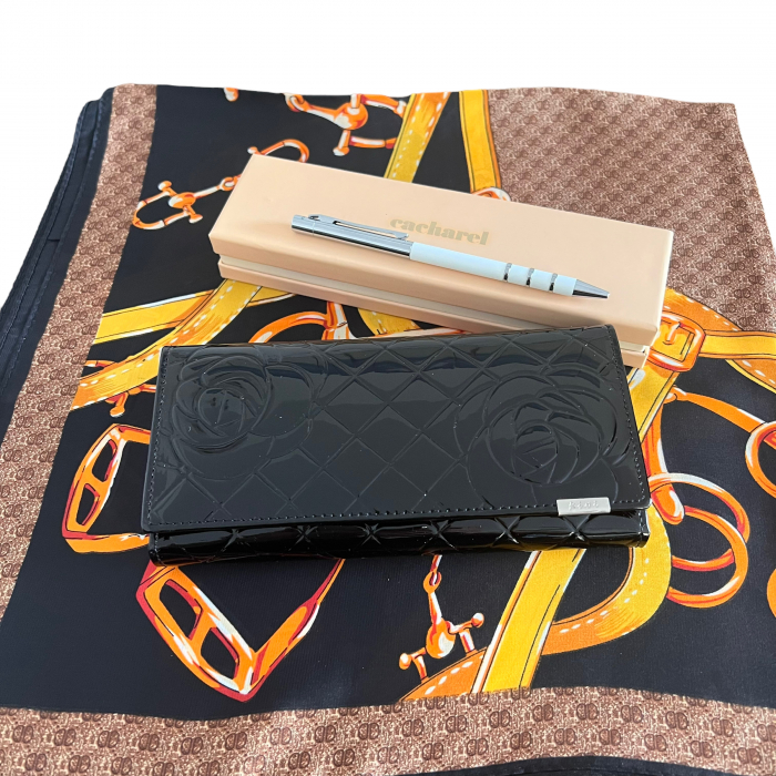 Set Luxury Black Portofel Piele Naturala Rose, Pix Cacharel si Esarfa Matase [4]