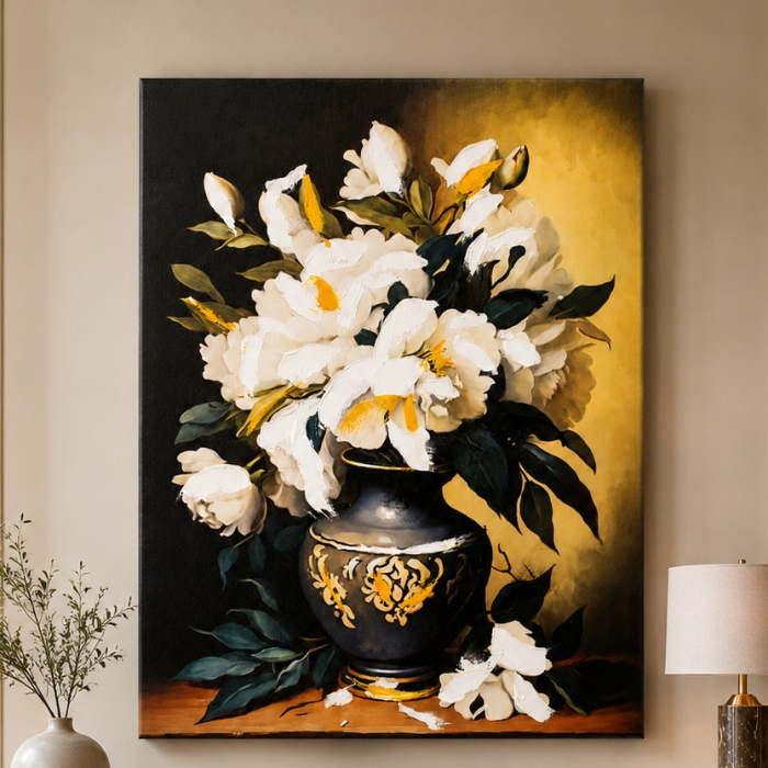 Tablou decorativ Canvas cu flori albe în vază, 50 x 70 cm – decor elegant pentru living, dormitor sau hol [1]