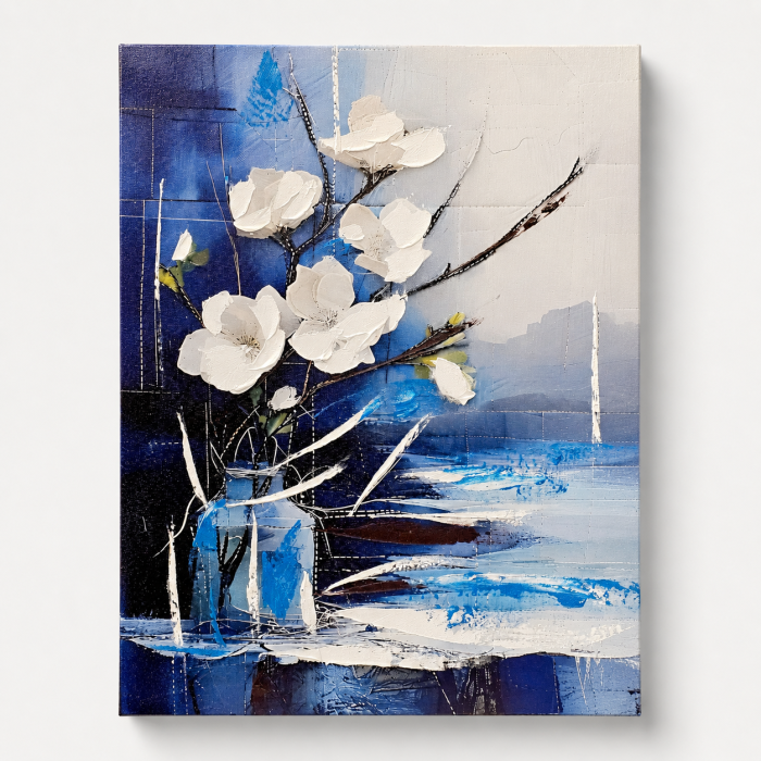 Tablou decorativ abstract cu flori albe și accente albastre cadou elegant pentru bărbați [2]