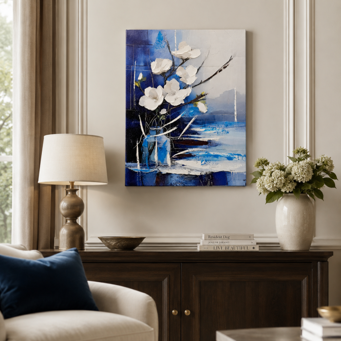Tablou decorativ abstract cu flori albe și accente albastre cadou elegant pentru bărbați [4]