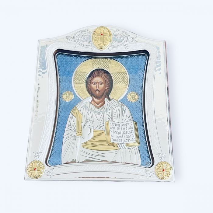 Icoana Iisus Hristos Blue placata cu Argint 21 x 26 cm  Made in Meteora [3]