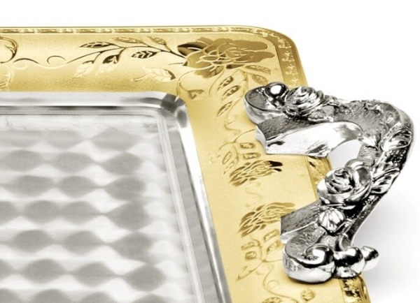 Tava VASSOIO cu maner, placata cu argint si aur galben 45 x 32 cm by Chinelli, made in Italy [2]