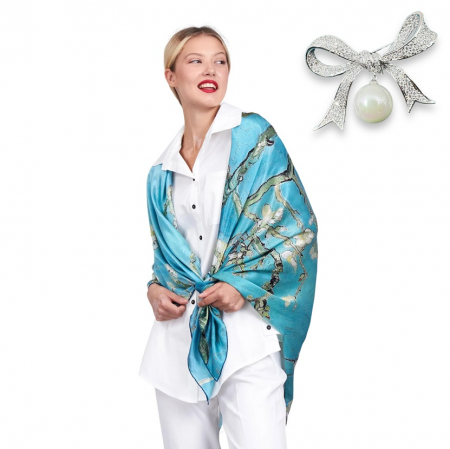 Brose - Brosa Pearl Bow & Esarfa Matase Van Gogh Almond Blossoms