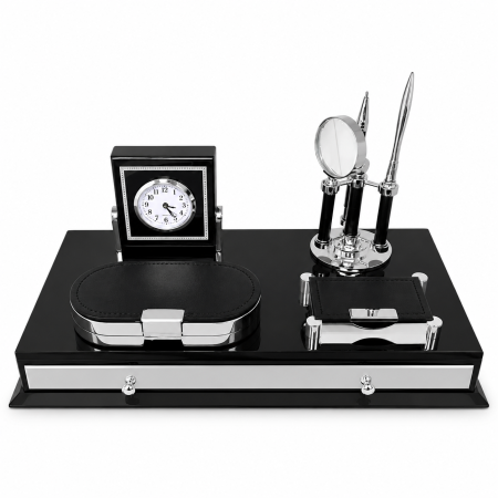 Cadouri aniversare - Set de Birou Luxury Business Desk Black – Organizator Executiv cu Ceas și Accesorii