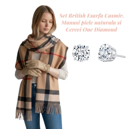 Ocazii Cadouri - Cadou Craciun British Esarfa Casmir si Manusi Piele Naturala si Cercei One Diamonds