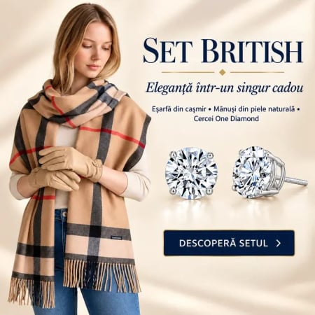 Cadouri de Mos Craciun - Set cadou femei British cu eșarfă din cașmir, mănuși bej din piele naturală și cercei One Diamond