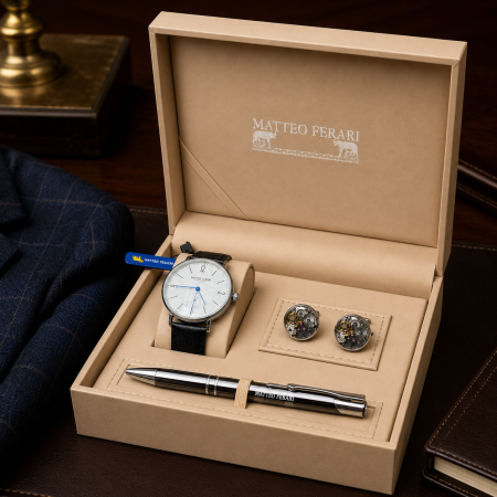 Cadouri Personalizabile - Cadou Elegant Man Matteo Ferari Ceas, Pix si Butoni Skeleton. TOP 10 Cadouri Barbati