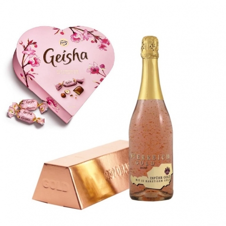 Cadou Rose Gold Luxury Şampanie - cu foiţă de aur 23 karate & Bomboane Geisha [0]