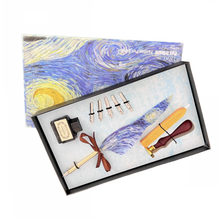 Set Caligrafie cu imprimeu Van Gogh pe cutie si pana + esarfa matase picturi [7]