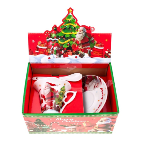 Cana cu farfurie si lingurita, cu model de Craciun, din ceramica [1]