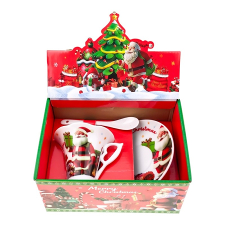 Cana cu farfurie si lingurita, cu model de Craciun, din ceramica [2]