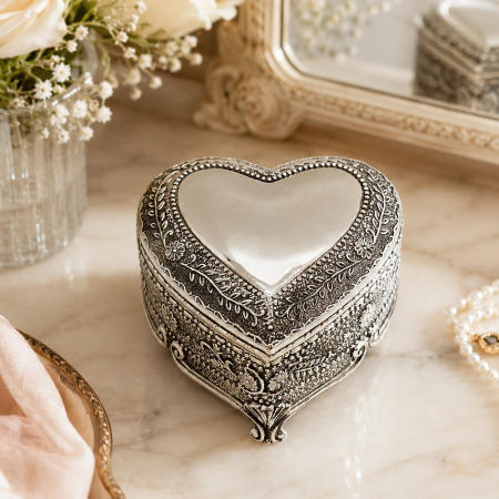 Cadouri cu cele mai multe feedbackuri - Cutie bijuterii / Casetă Argintată Silver Love în Formă de Inimă cu Interior din Catifea – 7,5 x 8 x 5 cm