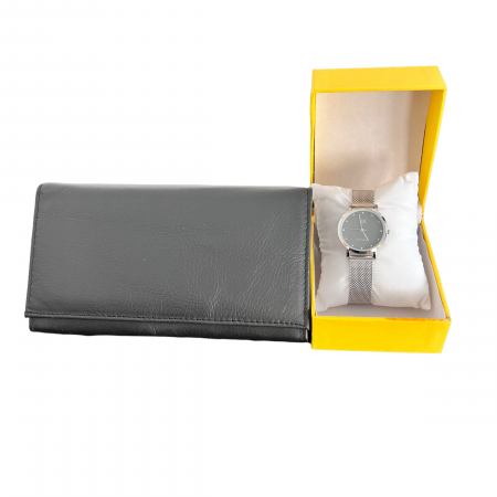 Cadouri la promotie - Ceas Silver Lady Q&Q si Portofel Black Piele Naturala