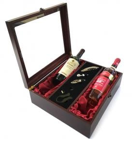 Cutie Dublă de Vin din Lemn şi Accesorii cu Capac Transparent [0]