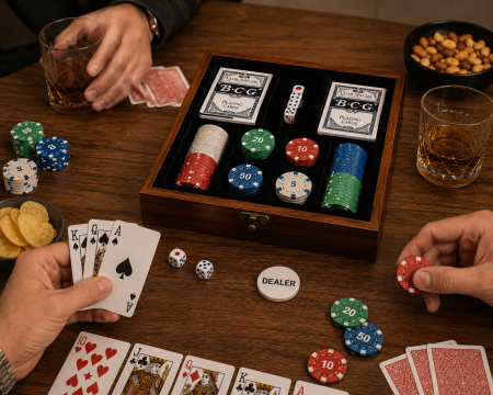 Set de jocuri 4 în 1 cu șah, poker, jetoane și zaruri – cutie elegantă din lemn [1]