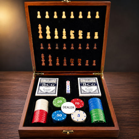 Cadouri Online Originale, Deosebite, Inedite, Ingenioase - Set de jocuri 4 în 1 cu șah, poker, jetoane și zaruri – cutie elegantă din lemn