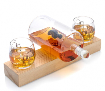 Decantor Sticla cu Ciocan in Interior + 2 Pahare & Suport Lemn [3]
