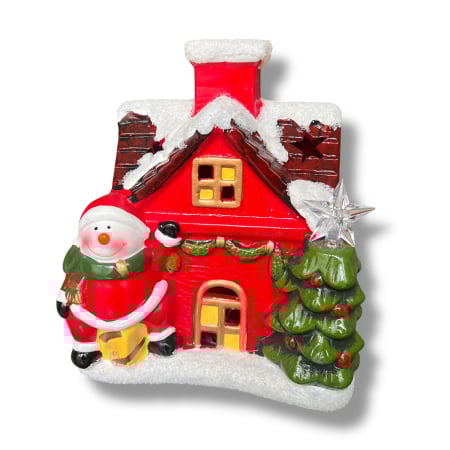 Cadouri de Mos Craciun - Decorațiune de Crăciun din Ceramică – Căsuță Roșie cu Moș Crăciun Om de zapada și Brad Împodobit