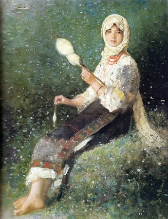 Esarfa Matase "Tărancă torcând" - Nicolae Grigorescu [0]