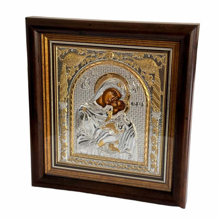Icoana Fecioara Maria cu pruncul Iisus placata cu argint & Geam - Made in Grecia - 17 cm x 15,5 cm [2]
