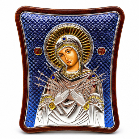 Cadouri de Mos Craciun - Icoana Fecioara Maria Blue cu 7 Săgeți placată cu argint – cadou spiritual pentru familie - Made in Grecia - 12,5 x 15,5 cm