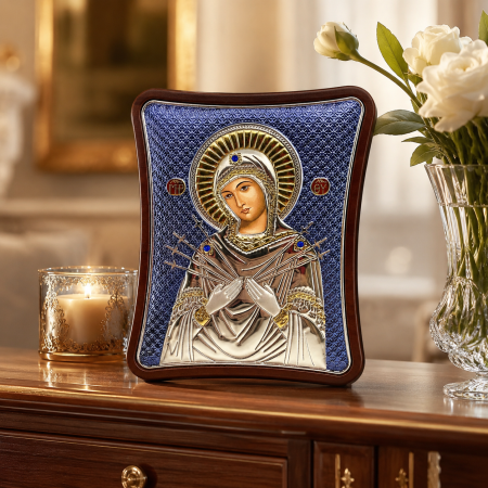 Icoana Fecioara Maria Blue cu 7 Săgeți placată cu argint – cadou spiritual pentru familie - Made in Grecia - 12,5 x 15,5 cm [1]