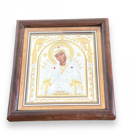 Icoana Fecioara Maria 7 Sageti placata cu argint & Geam - Made in Grecia - 17 cm x 15,5 cm [2]