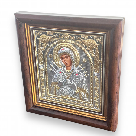 Icoana Fecioara Maria 7 Sageti placata cu argint & Geam - Made in Grecia - 17 cm x 15,5 cm [1]