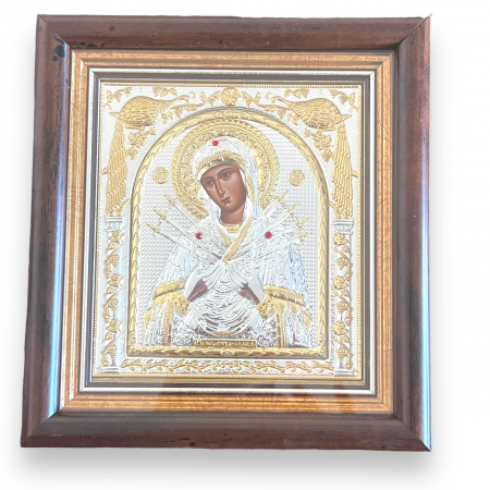 Icoana Fecioara Maria 7 Sageti placata cu argint & Geam - Made in Grecia - 17 cm x 15,5 cm [3]