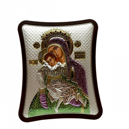 Icoana Fecioara Maria cu Pruncul placata cu argint, colorata - Made in Greece 12,5 cm X 15,5 cm [1]