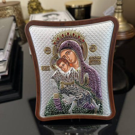 Icoana Fecioara Maria cu Pruncul placata cu argint, colorata - Made in Greece 12,5 cm X 15,5 cm [0]