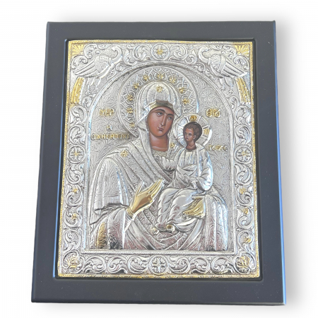 Icoana Mare Fecioara Maria cu Pruncul placata cu argint - Hand Made in Grecia 28 x 23 cm [0]