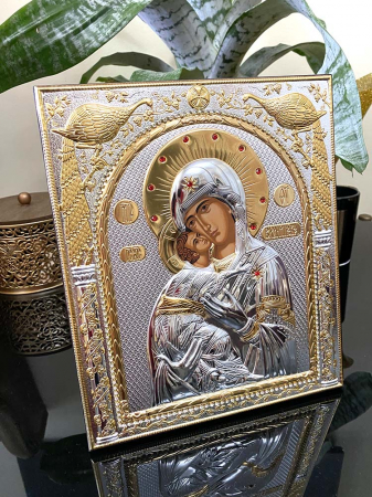 Icoana Fecioara Maria cu Pruncul placata cu argint - Made in Grecia 21 x 25 cm [4]