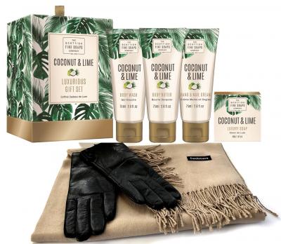 Luxurious Gift Esarfa Casmir, Mănuşi Piele naturală & Cosmetice Coconut & Lime Scottish Fine Soaps - personalizabil [0]