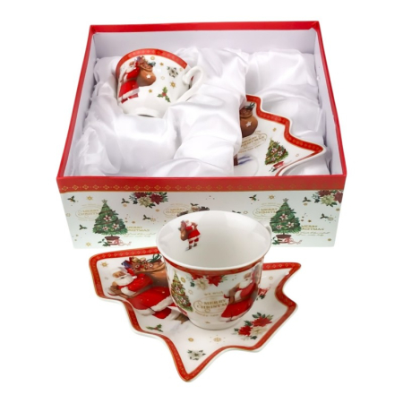 Cadouri pentru Baieti si Baietei - Set 2 cesti + 2 farfurii in forma de brad de Craciun