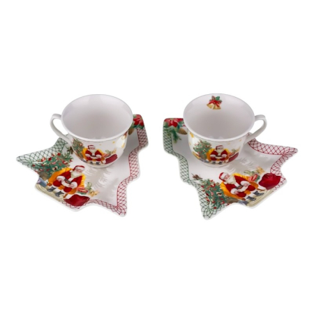 Cadouri pentru Baieti si Baietei - Set 2 cesti + 2 farfurii in forma de brad de Craciun, White Winter