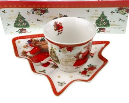 Set 6 cesti + 6 farfurii in forma de brad, cu motive de Craciun, in cutie cadou [3]