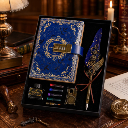 Cadouri Femei – Idei Elegante și Cadouri Premium pentru Ea - Set Cadou Vintage cu Jurnal cu Cifru, Stilou cu Pană și Călimară