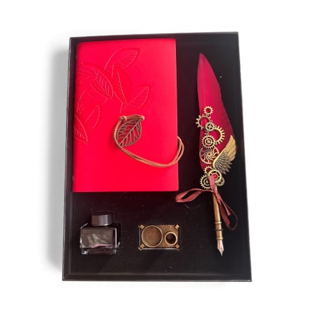 Cadouri pentru Miri - Set Caligrafie Red Royal include Pana Weels + Agenda Piele + Cerneala + Suport Pana