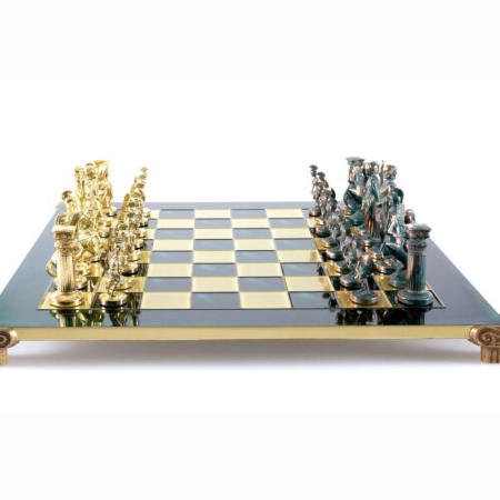Cadouri nunta - SET ȘAH MANOPOULOS PERIOADA GRECO-ROMANA TABLA VERDE PIESE AURII/MARO