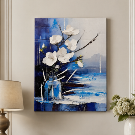 Ocazii Cadouri - Tablou decorativ abstract cu flori albe și accente albastre cadou elegant pentru bărbați